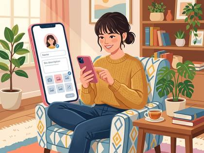 ソファでスマートフォンを操作し、プロフィール設定をする女性。