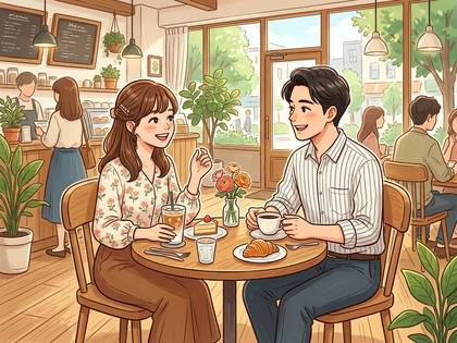 カフェで笑顔で会話する男女。テーブルには飲み物と食べ物が並ぶ。
