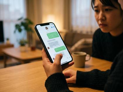スマートフォンのチャット画面を操作する手と、不安そうな女性。