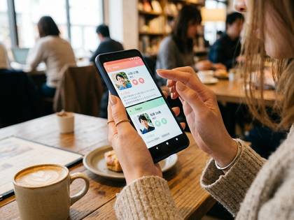 カフェで女性がスマートフォンを操作。画面に人物プロフィールが表示。