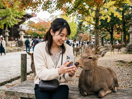 秋の奈良公園で、女性が楽しそうに鹿をスマホで撮影している。