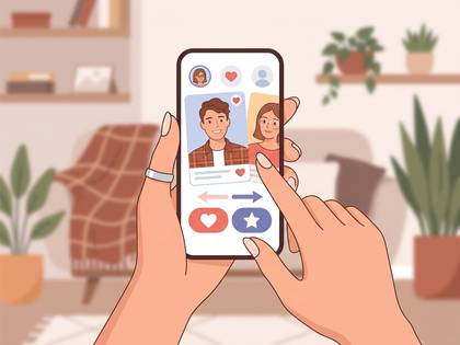 スマートフォンでマッチングアプリの男女プロフィールを操作する手。