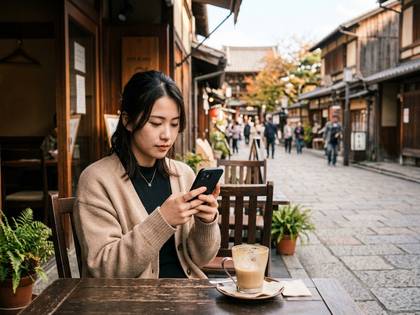 古い街並みのカフェテラスでスマートフォンを使う女性。