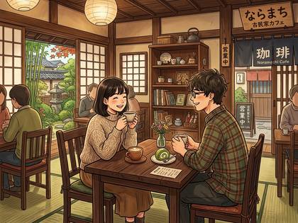 古民家カフェで、日本庭園を望みながら笑顔で談笑するカップル。
