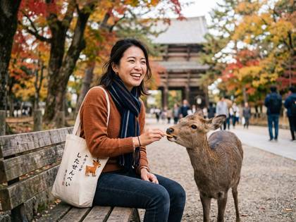 紅葉の奈良公園で、笑顔の女性が鹿に鹿せんべいをあげる。