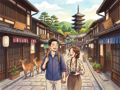 五重塔のある日本の街並みを歩く笑顔のカップルと鹿。