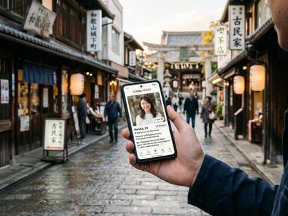 和歌山市の街並みとスマートフォンでマッチングアプリを使う女性のイメージ