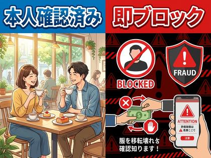 明るいカフェで初対面の相手とお茶をしている安全なデートの様子