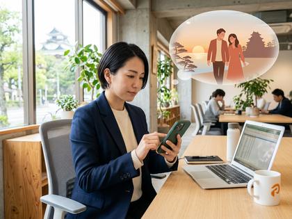 ノートPCとコーヒーカップ、メモを取りながら話す女性のイメージ