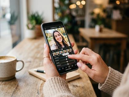 スマホで自撮り写真を確認しながら加工アプリを操作している女性の手元