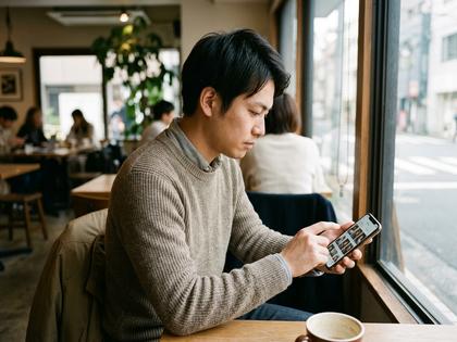 スマホでマッチングアプリのプロフィール写真を眺めている男性