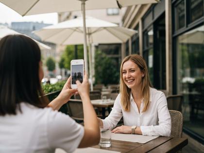 屋外のカフェテラスで友人に撮ってもらっている笑顔の女性
