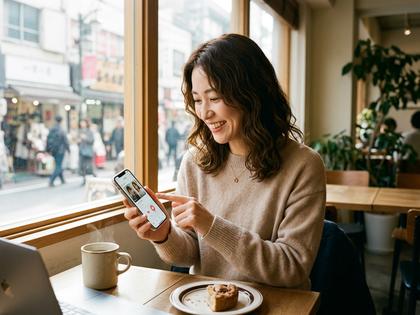 スマートフォンでマッチングアプリを操作する30代女性、カフェの窓辺で微笑む様子