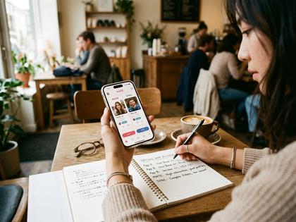 カフェで複数のマッチングアプリを比較検討する女性の手元、ノートとスマホ