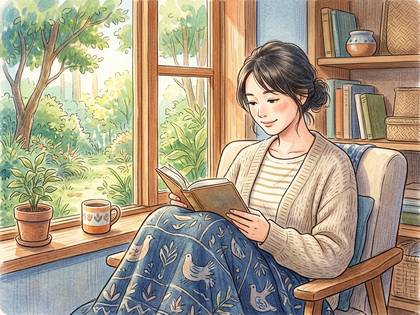 窓辺で読書する女性。緑豊かな景色を背景にくつろいでいる。