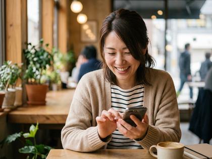 30代女性がスマホを笑顔で操作している自然なライフスタイル写真