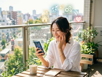 30代女性が笑顔でスマホを見ながら未来を思い描く明るいライフスタイル画像
