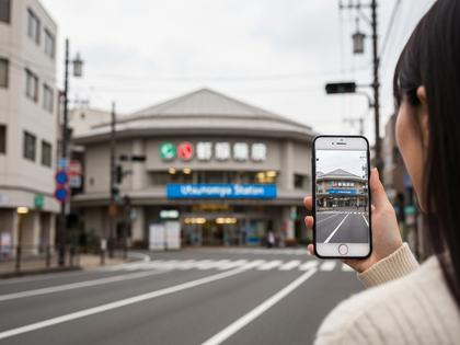 宇都宮駅前の街並みとスマホを持つ女性のイメージ