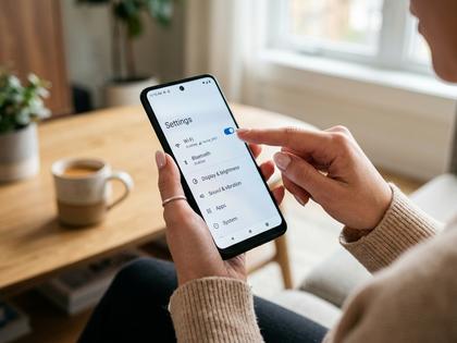 スマホの設定画面をチェックする女性の手元