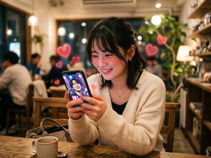 カフェでスマホを見る笑顔の女性。画面の男性にハートが飛び交う。