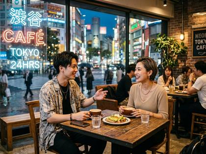 渋谷のおしゃれなカフェで向かい合う男女の様子