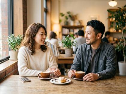 カフェでコーヒーを飲みながら楽しく会話するカップル。