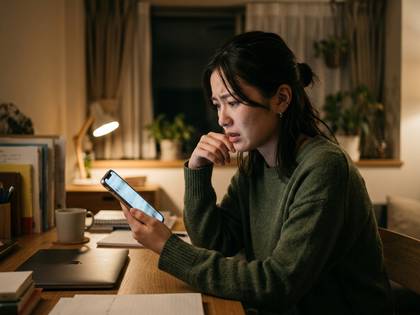 暗い室内で、スマートフォンを見て口元を覆い、心配そうな表情の女性。