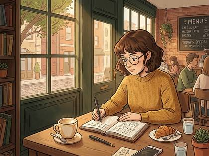カフェで眼鏡の女性がノートに書き込む。窓の外には街並みが見える。