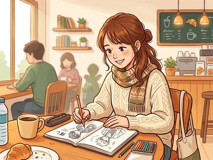 暖かなカフェで、笑顔の女性がスケッチブックに人物画を描いている。