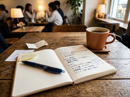 カフェの木製テーブルに開いたノート、ペン、コーヒーカップ。