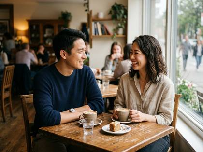 カフェで笑顔で談笑する男女。
