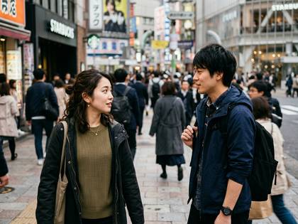 混雑した街の歩道で、笑顔で見つめ合う男女。