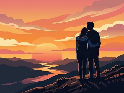 夕焼けの山と川を背景に寄り添うカップルのシルエット。