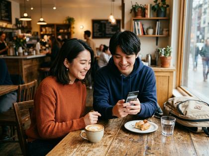 カフェでスマホを見ながら会話する大学生カップル