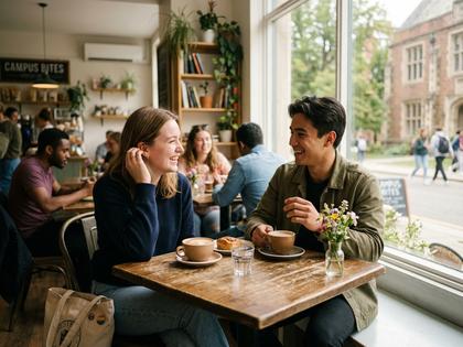 昼間のカフェで初対面のデートをする大学生カップル