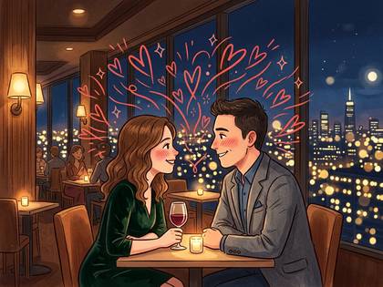 夜景の見えるレストランで笑顔でデートを楽しむカップル。ハートが舞い、ロマンチックな雰囲気。