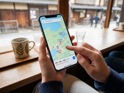 地図アプリで滋賀・京都・大阪エリアを表示している女性の手元