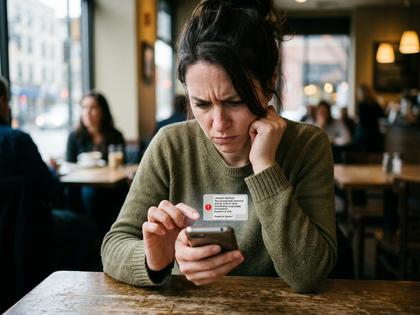 スマホに映る怪しいメッセージ画面を見て眉をひそめる女性のイメージ