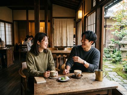 カフェで楽しそうに話す20代カップルのイメージ、京都の町家風カフェ