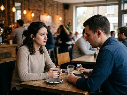 カフェでコーヒーカップを手に、考え込む女性と話しかける男性。