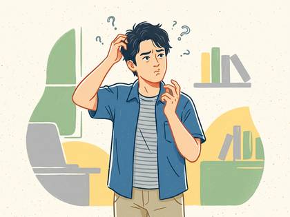 疑問符を浮かべ、頭を掻いて困惑する男性。ノートパソコンと本棚が背景に見える。