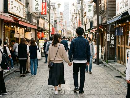 日本の商店街で手をつなぎ歩くカップルの後ろ姿。