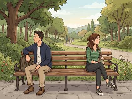 公園のベンチに背を向け合う男女。