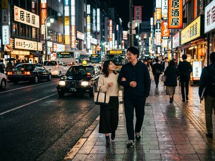 ネオン輝く夜の新宿の街を歩くカップル。