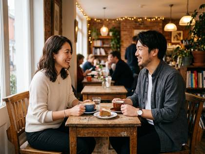 おしゃれなカフェでコーヒーとケーキを楽しむ笑顔のカップル。