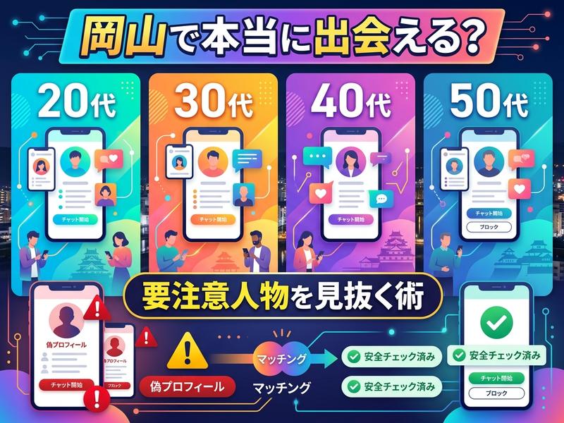 岡山での出会いアプリ利用（年代別）。偽プロフィール対策と安全なマッチングの流れを解説。