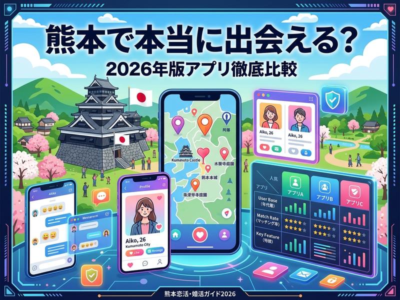 熊本城を背景に、恋活・婚活アプリを比較紹介するイラスト。