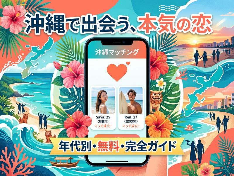 沖縄を背景に、マッチングアプリの画面と楽しむ人々が描かれたイラスト。