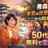 青森を背景に、50代女性が無料恋活アプリを利用。