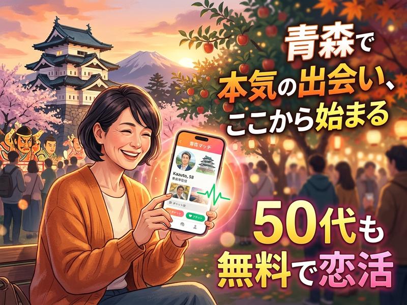 青森を背景に、50代女性が無料恋活アプリを利用。
